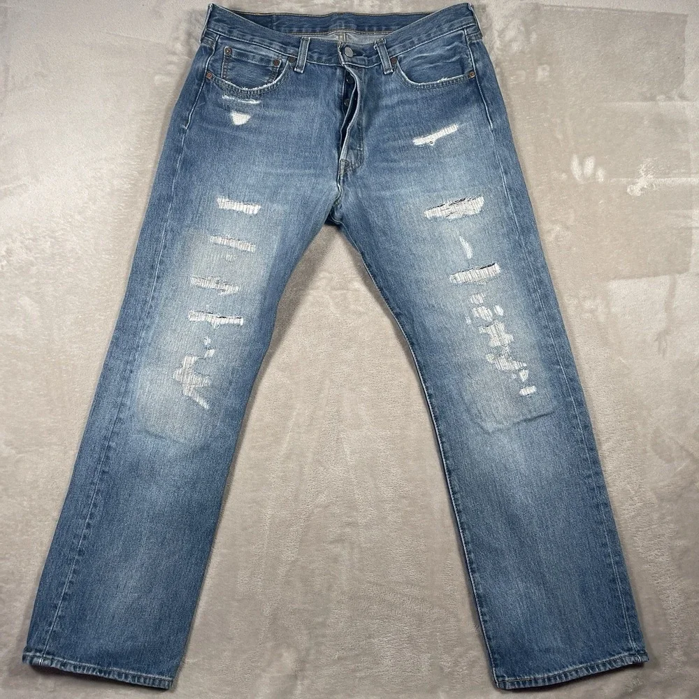 Levis 501 150th Anniversary Men's‎ 35x32 Jeans Button Fly Light Wash Distressed